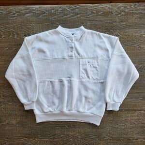 Vintage Triples White Henley Sweatshirt Mens Medium Ribbed Mixed Media Pocket